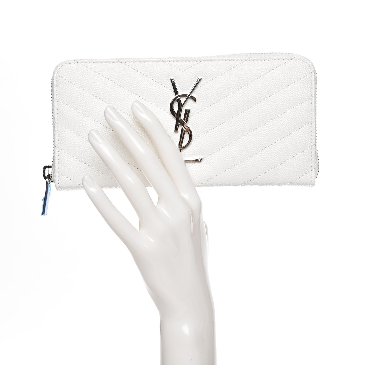 Saint Laurent Grain De Poudre Matelasse Chevron Monogram Zip Around Wallet Blanc Optique 2 of 8
