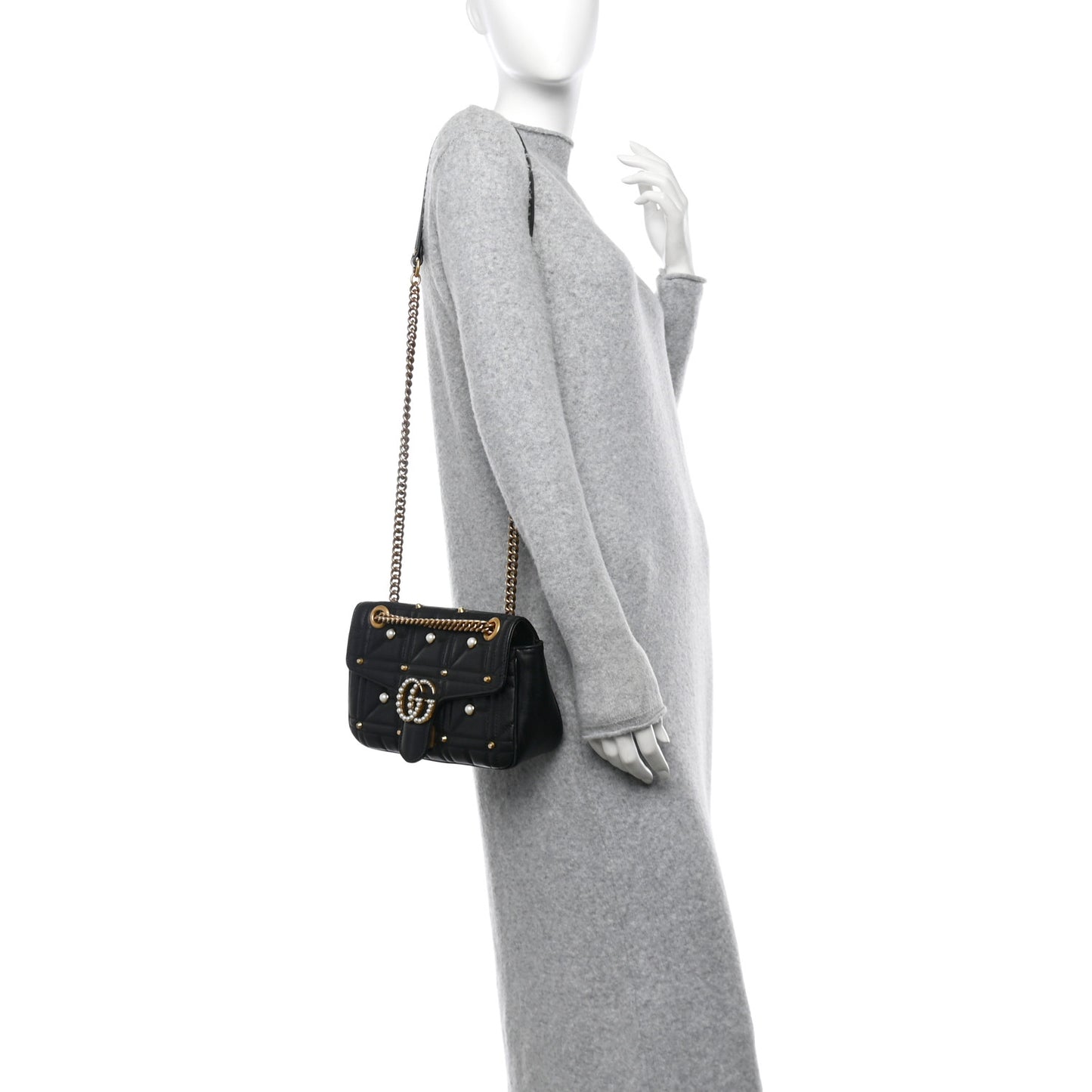 Calfskin Matelasse Studded Small Pearly GG Marmont Shoulder Bag Black