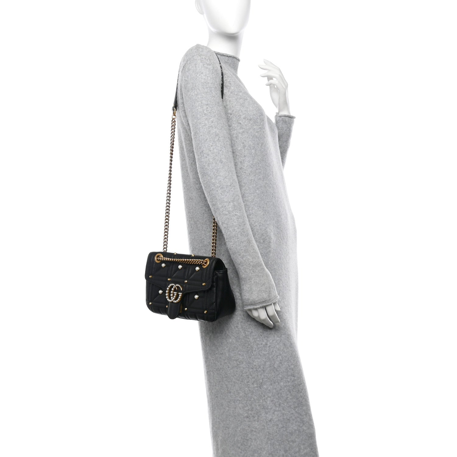 Gucci Calfskin Matelasse Studded Small Pearly GG Marmont Shoulder Bag Black 2 of 13