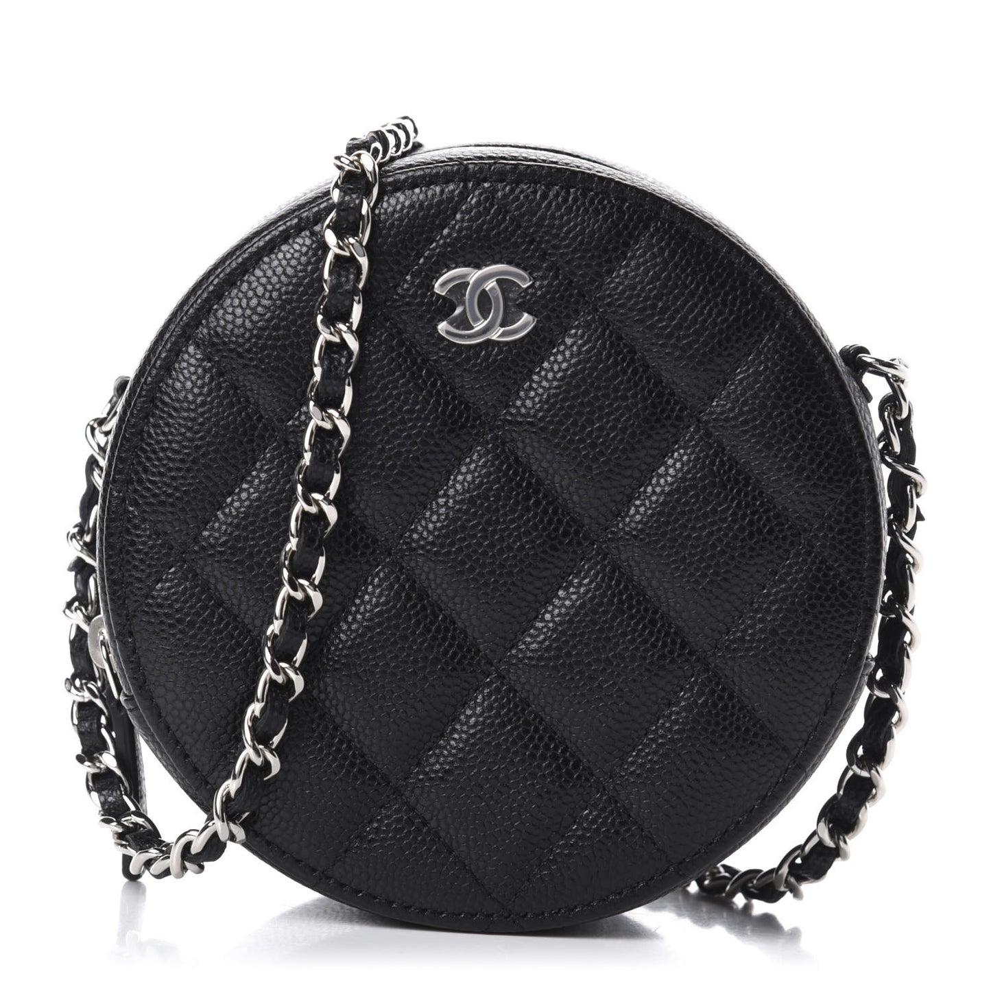 Caviar Quilted Round Clutch With Chain Black