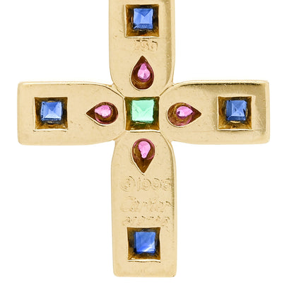 Cartier 18K Yellow Gold Blue Sapphire Ruby Emerald Byzantine Cross Pendant 4 of 6
