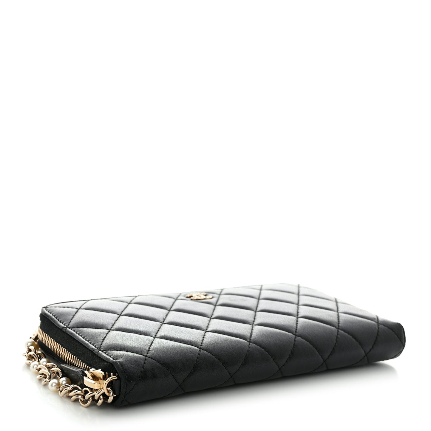 Lambskin Zip Around Large Gusset Wallet With Pearl Chain Black