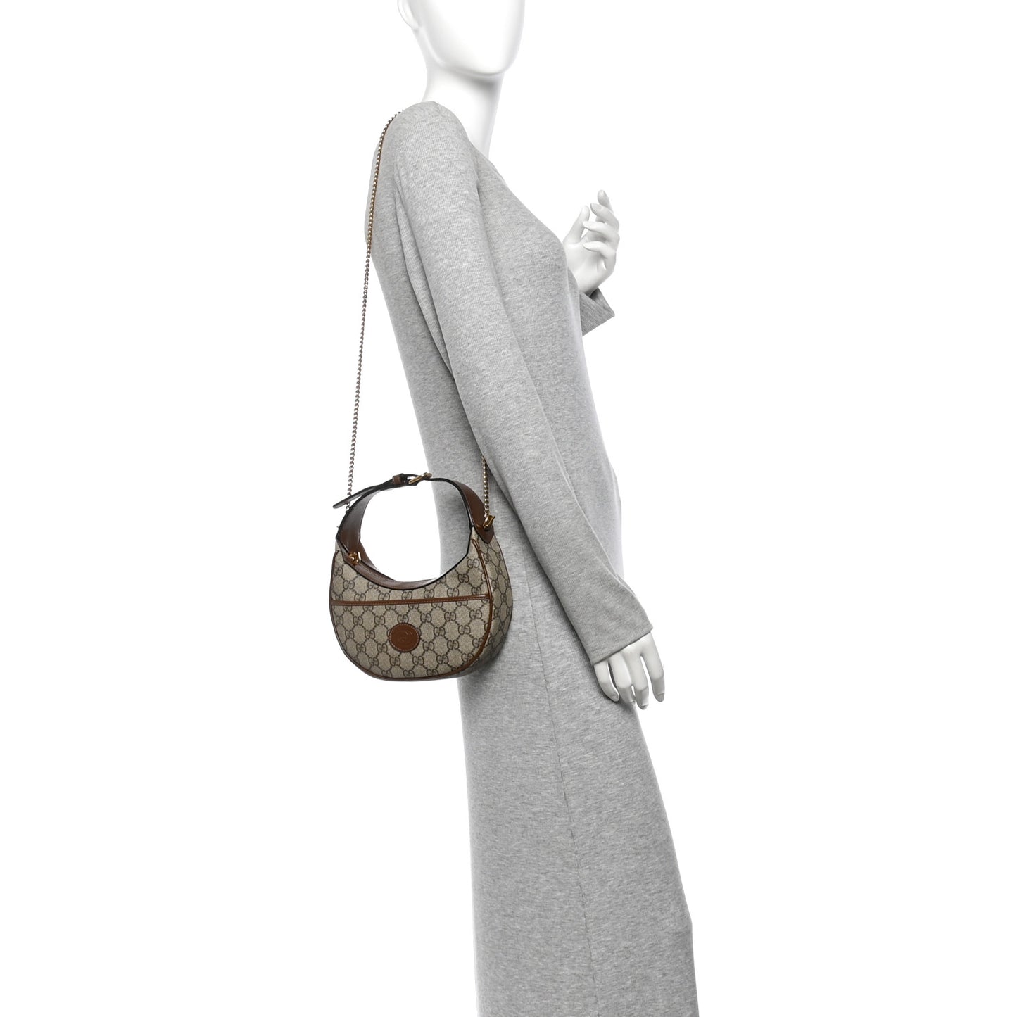 GG Supreme Monogram Azalea Calfskin Mini Retro Interlocking G Half Moon Bag Beige Ebony Brown Sugar