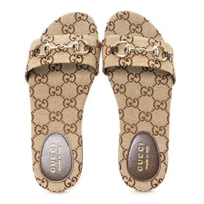 Gucci Monogram Horsebit Slide Sandals 37 Camel Ebony 2 of 10