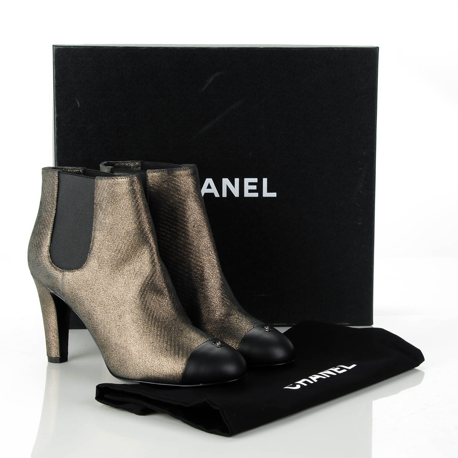 Chanel Metallic Lambskin CC Cap Toe Ankle Boots 38.5 Argent Fonce Black 10 of 15