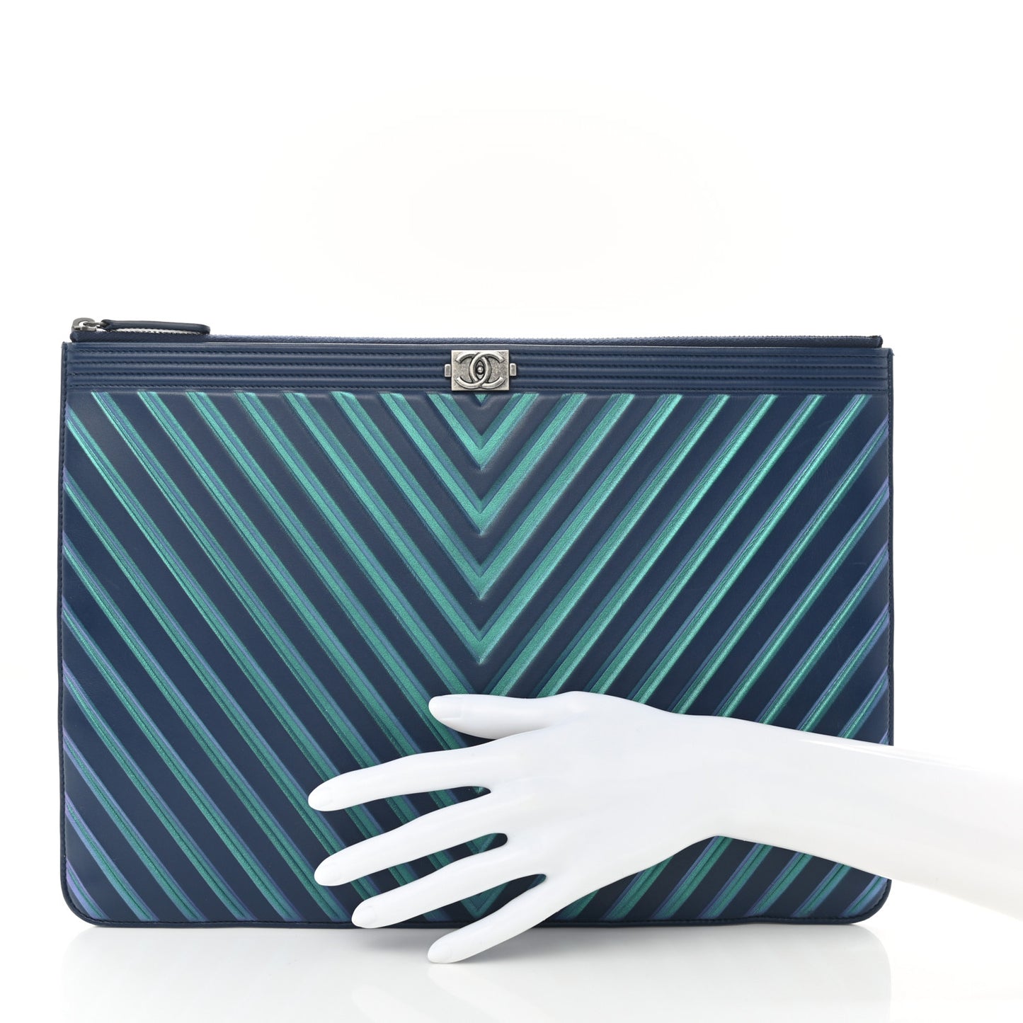 Calfskin Painted Chevron Embossed Large Boy Zip Pouch Green Navy
