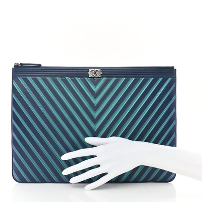 Chanel Calfskin Painted Chevron Embossed Large Boy Zip Pouch Green Navy 2 of 5