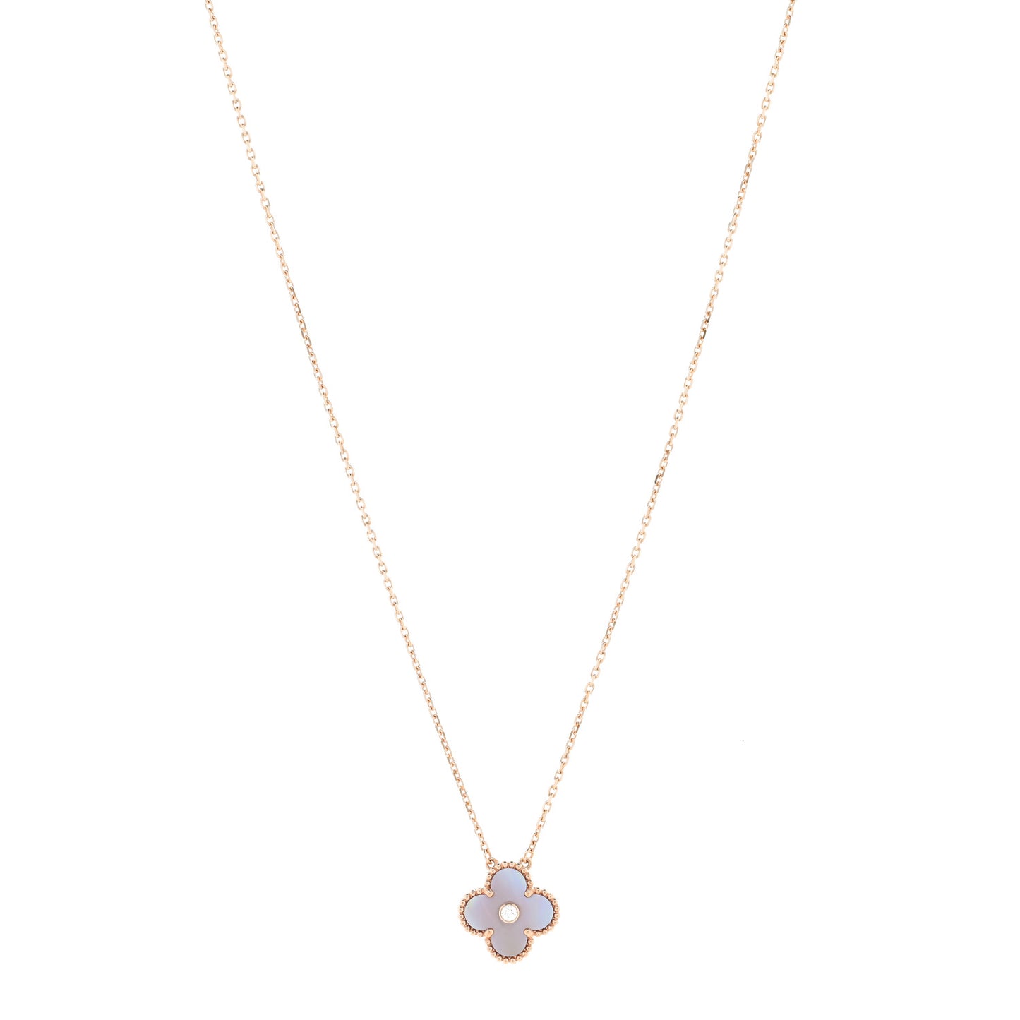 18K Rose Gold Diamond Pink Mother of Pearl Vintage Alhambra Pendant Necklace