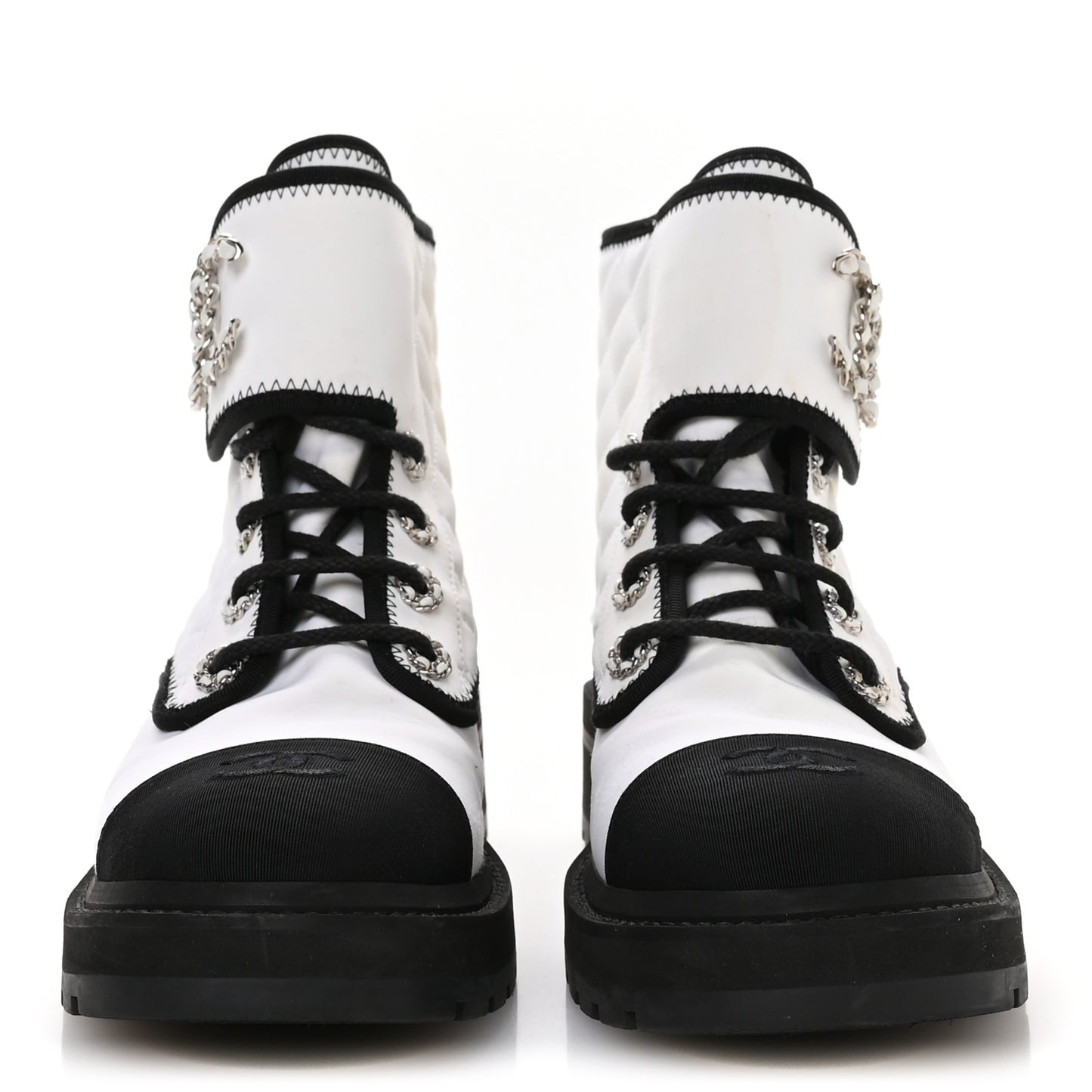 Fabric Grosgrain Quilted Cap Toe Lace Up Combat Boots 38.5 White Black