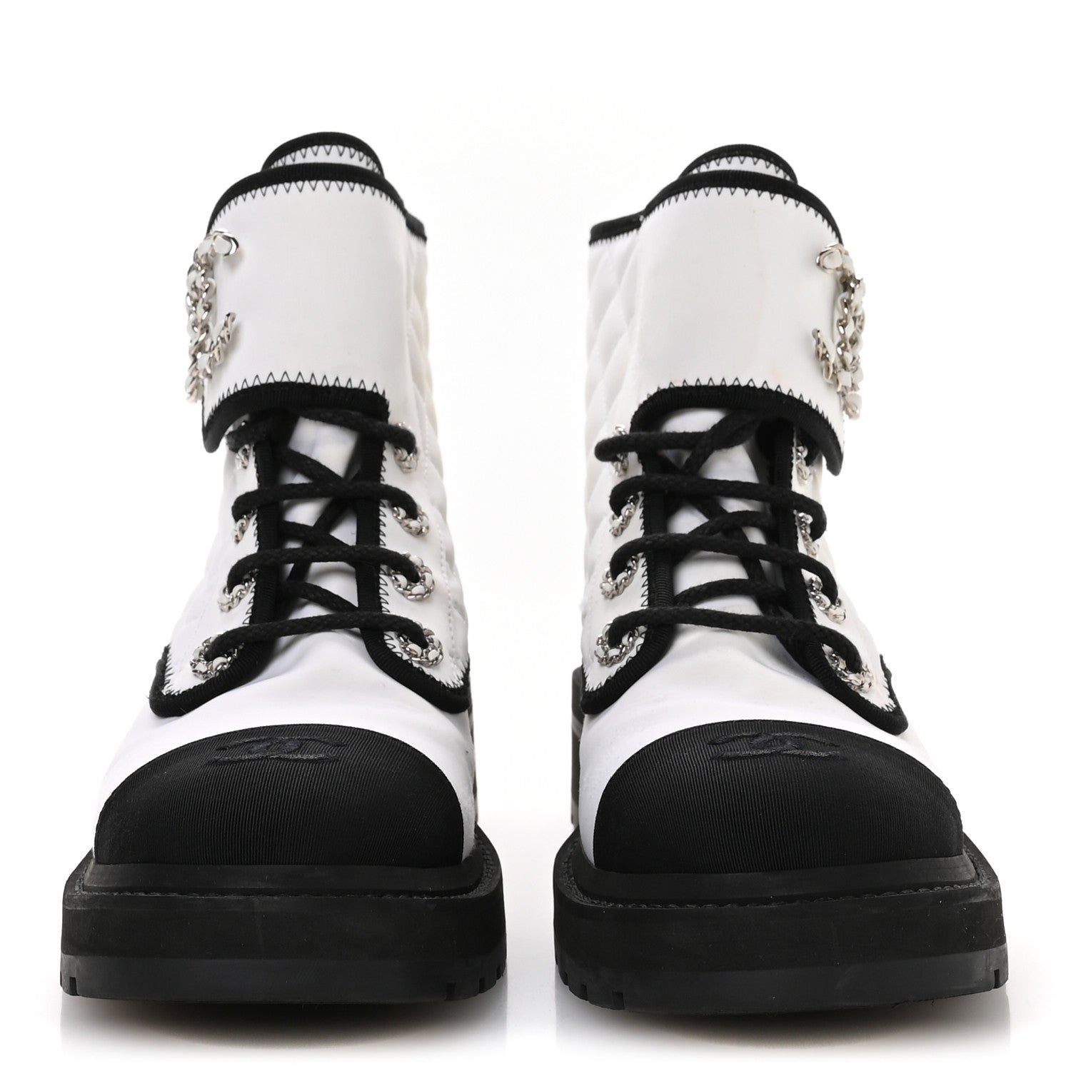 Chanel Fabric Grosgrain Quilted Cap Toe Lace Up Combat Boots 38.5 White Black 3 of 9