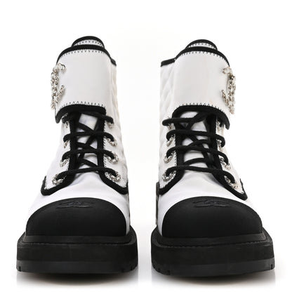 Chanel Fabric Grosgrain Quilted Cap Toe Lace Up Combat Boots 38.5 White Black 3 of 9