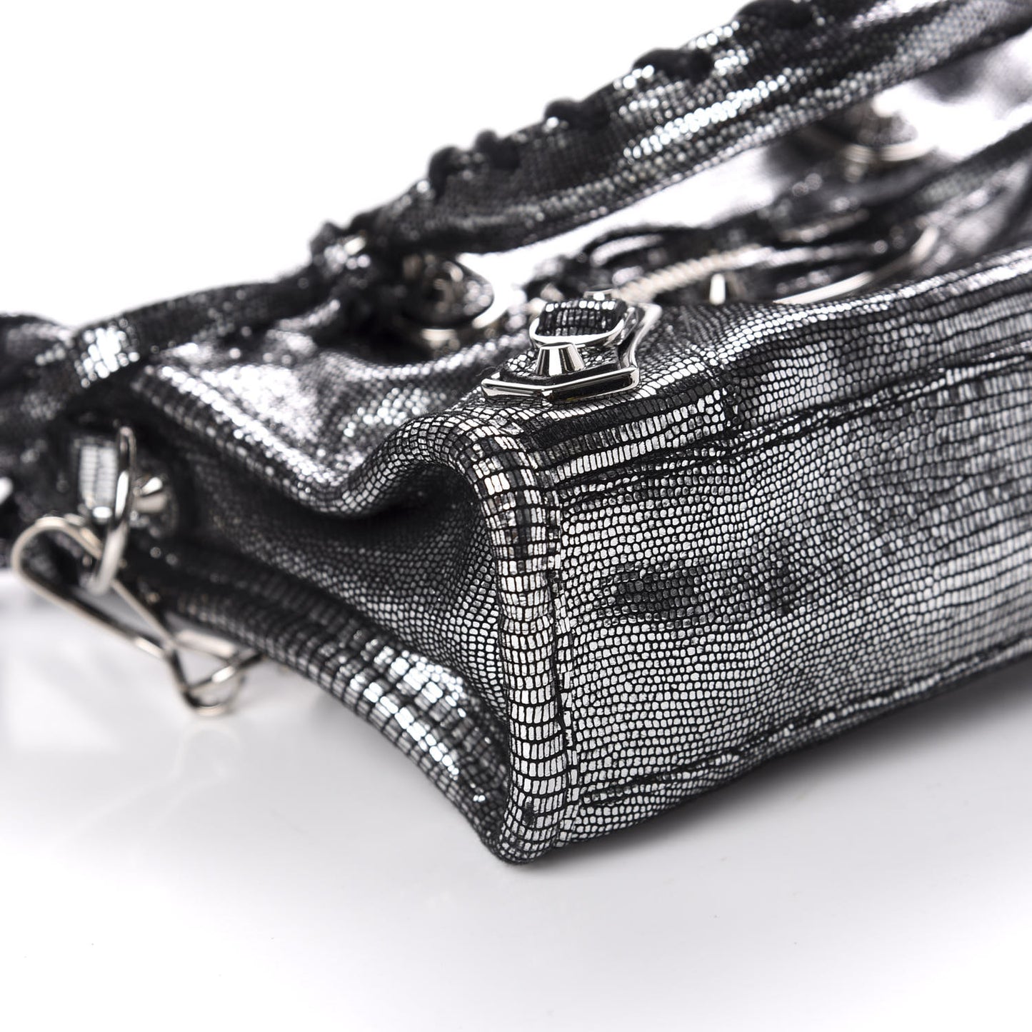 Metallic Calfskin Lizard Embossed Silver Metallic Edge Hardware Nano City Silver