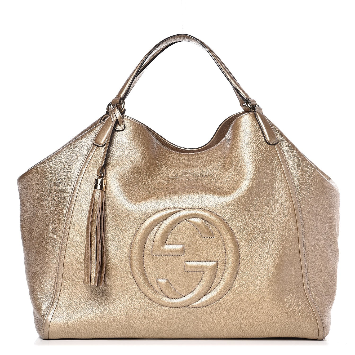 Gucci Metallic Pebbled Calfskin Large Soho Shoulder Bag Golden Beige 1 of 7