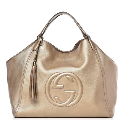 Gucci Metallic Pebbled Calfskin Large Soho Shoulder Bag Golden Beige 1 of 7
