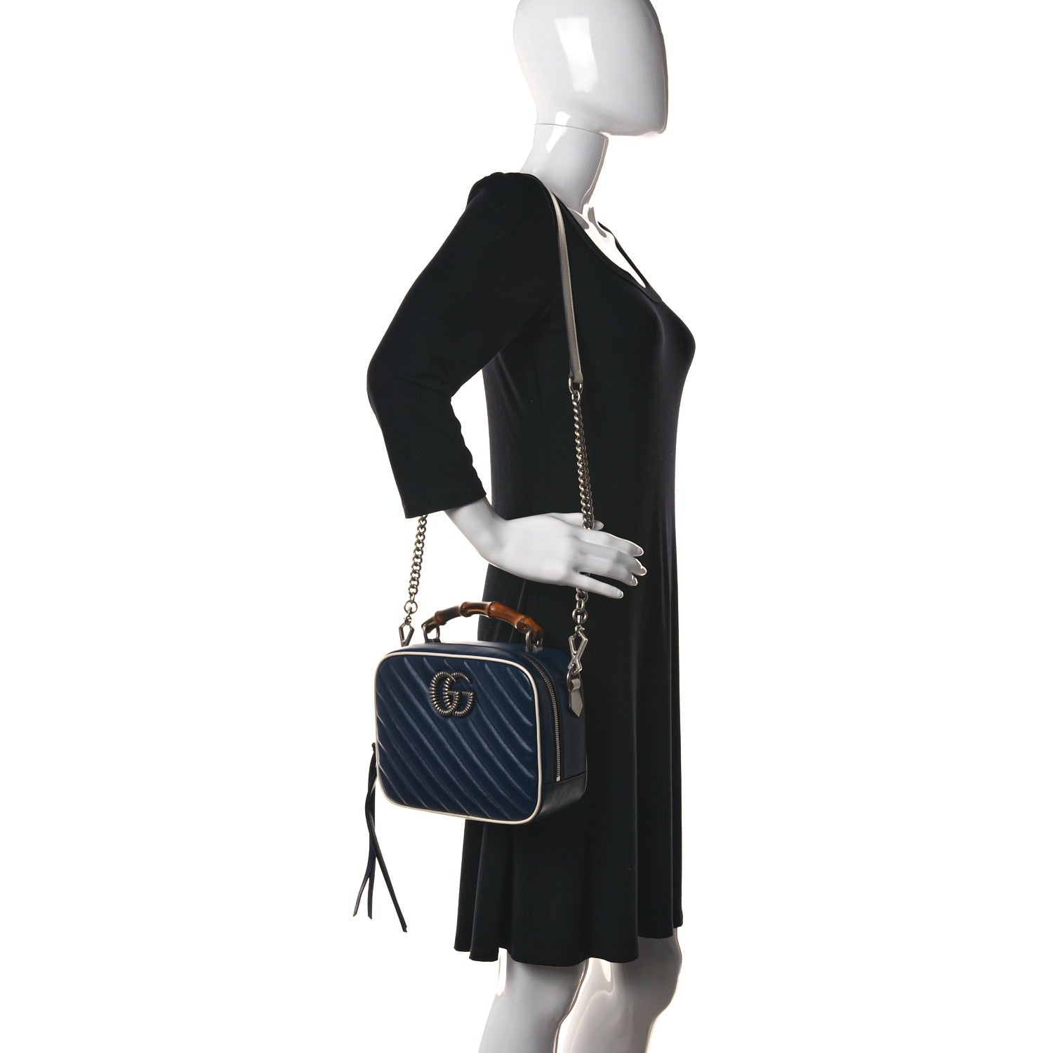 Gucci Vintage Effect Calfskin Matelasse Diagonal Small Torchon GG Marmont Bamboo Top Handle Shoulder Bag Blue Agata Mystic White 2 of 11
