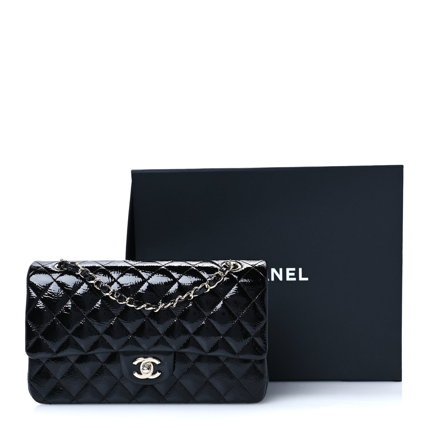 Distressed Patent Quilted Medium Double Flap Black