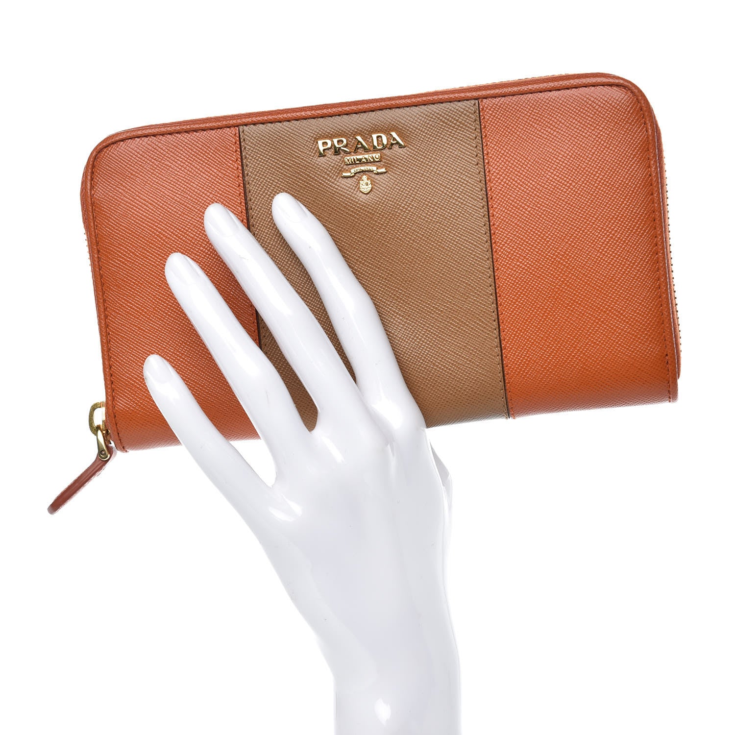 Prada Saffiano Bi-Color Metal Zip Around Wallet Caramel Papaya 2 of 8