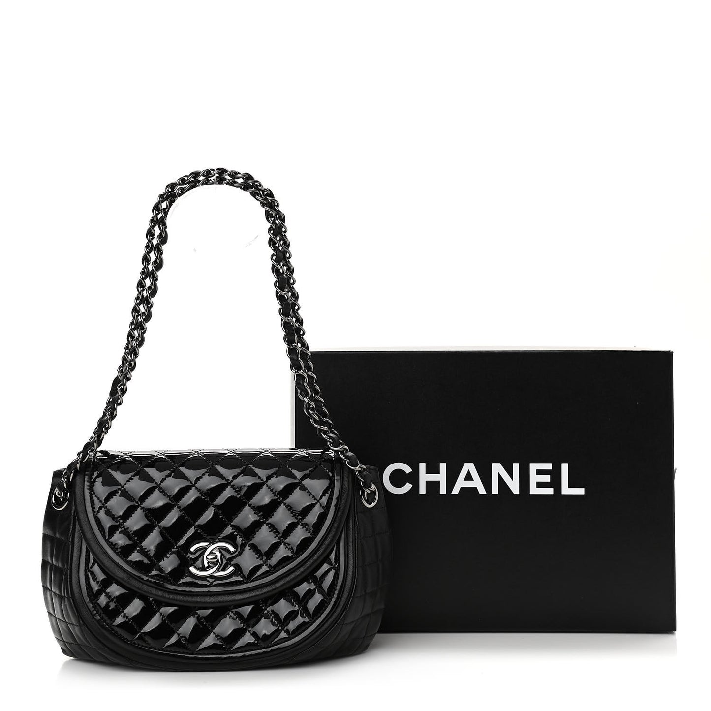Lambskin Patent Classic Twist Crescent Flap Bag Black
