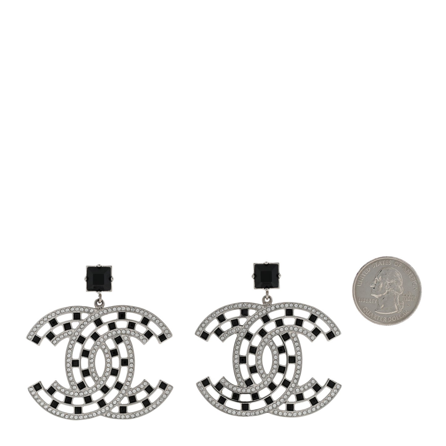 Baguette Crystal CC Drop Earrings Silver Black