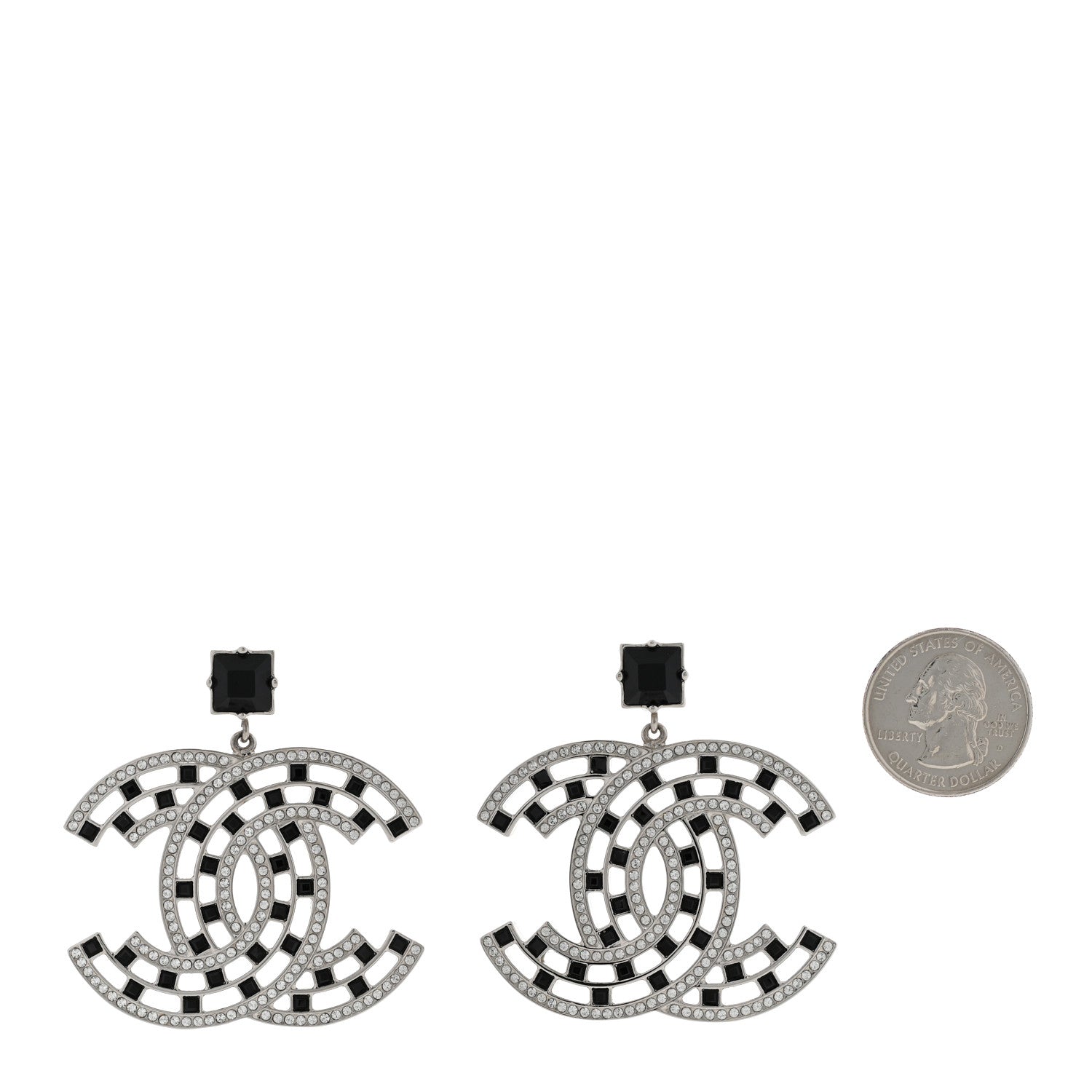 Chanel Baguette Crystal CC Drop Earrings Silver Black 2 of 5