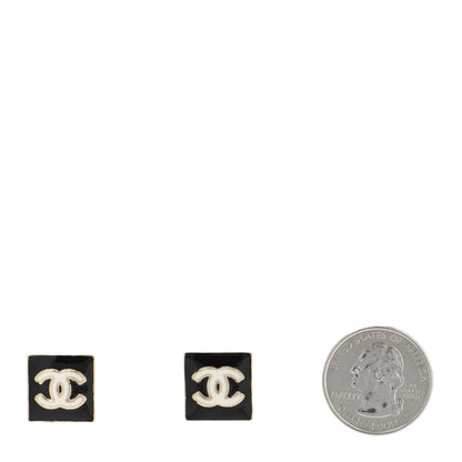 Chanel Metal Enamel CC Square Earrings Gold Black White 2 of 4