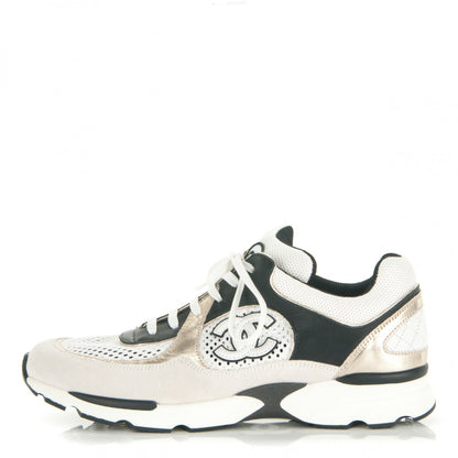 Chanel Suede Calfskin CC Sneakers 40 Navy White Gold 1 of 7