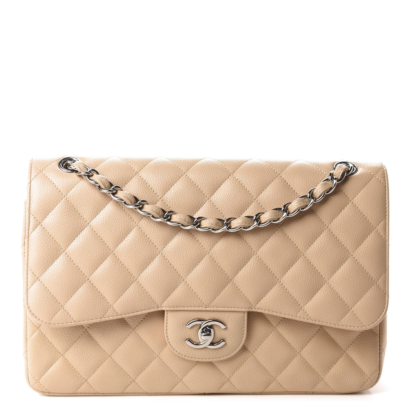 Caviar Quilted Jumbo Double Flap Light Beige