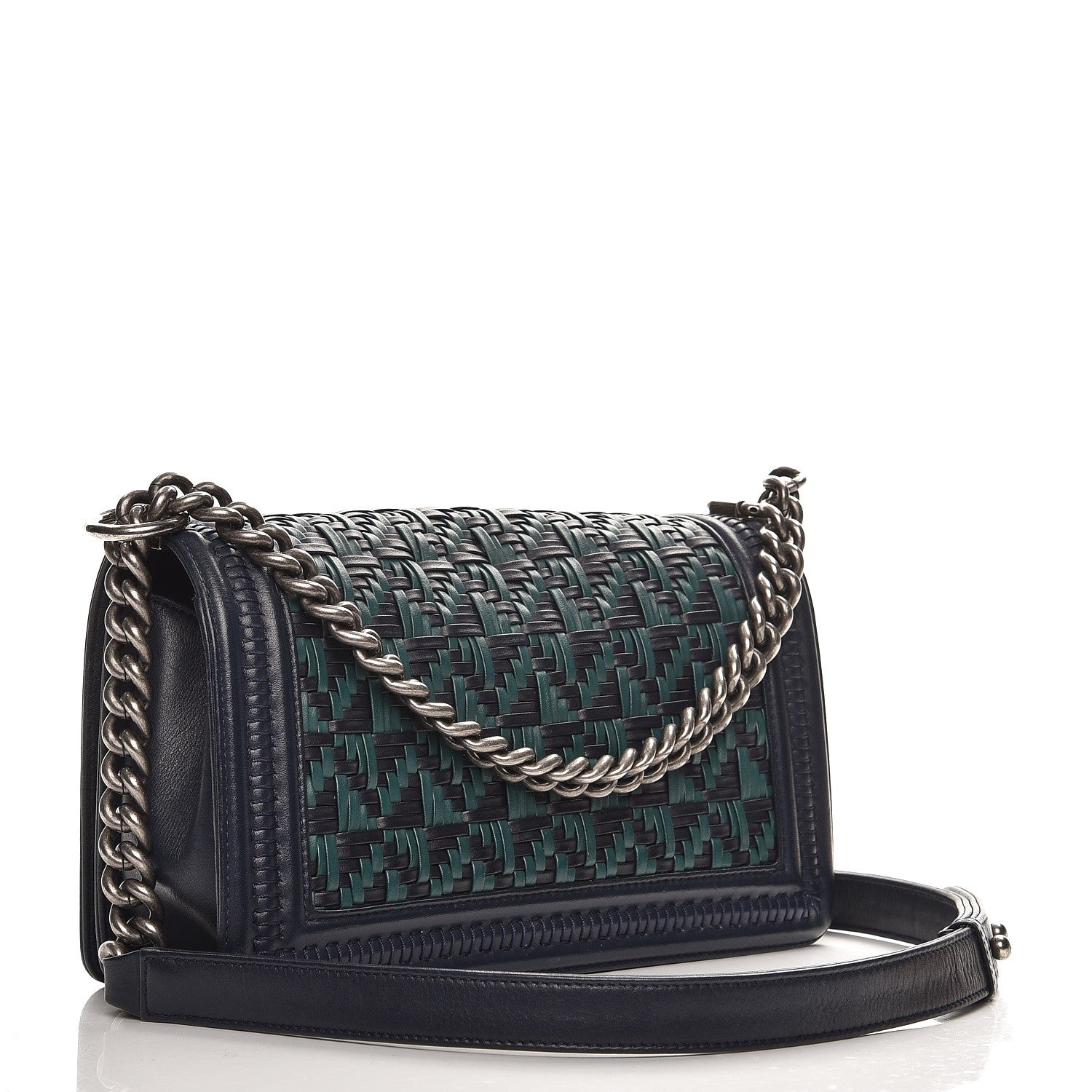 Chanel Calfskin Woven Medium Boy Flap Navy Green 3 of 14