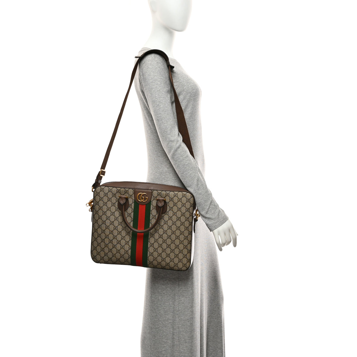 GG Supreme Monogram Textured Calfskin Web Medium Ophidia Briefcase Beige Ebony New Acero