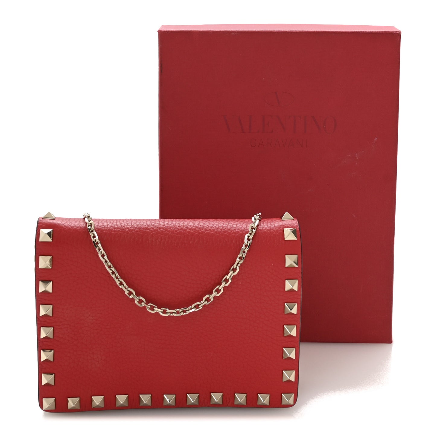 Pebbled Calfskin Rockstud Wallet on Chain Rouge Pur
