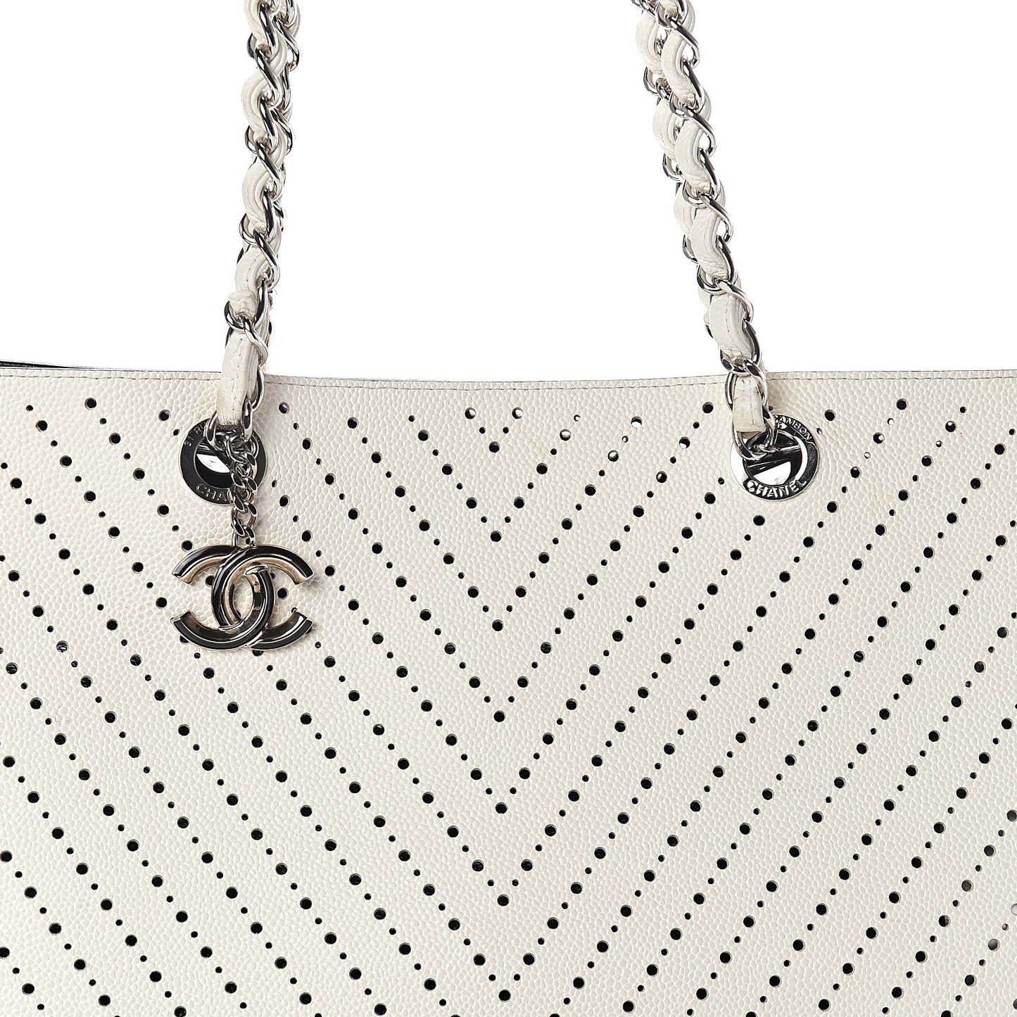 Perforated Grained Calfskin Shopping Tote White