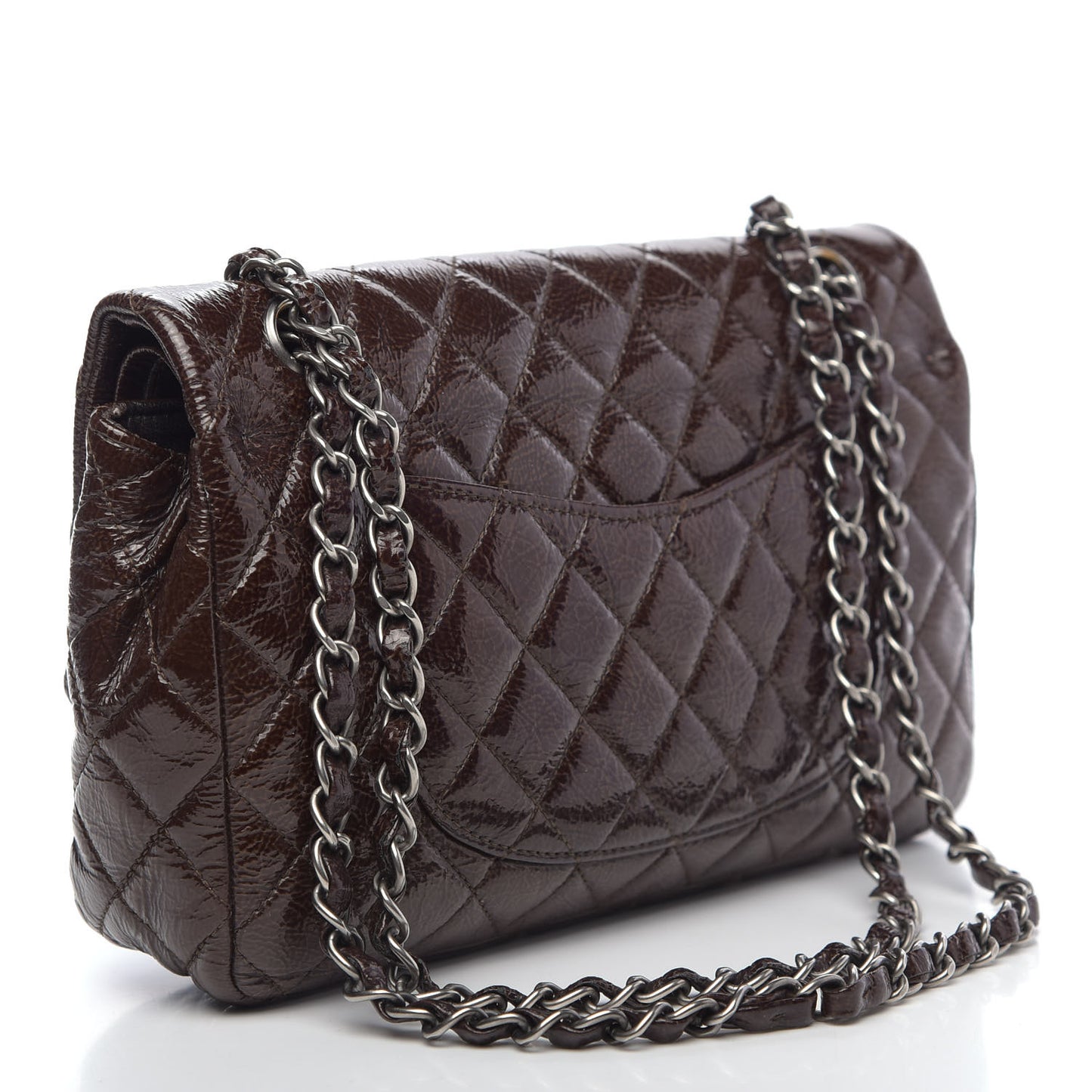 Crinkled Patent Quilted Medium Double Flap Brown