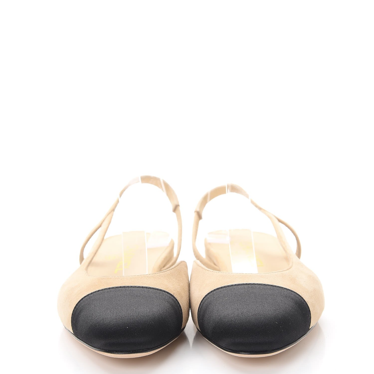 Chanel Kid Suede Satin Cap Toe CC Slingback Pumps 37.5 Beige Black 2 of 10