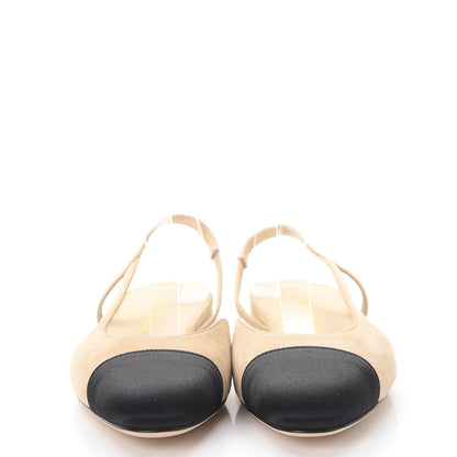Chanel Kid Suede Satin Cap Toe CC Slingback Pumps 37.5 Beige Black 2 of 10