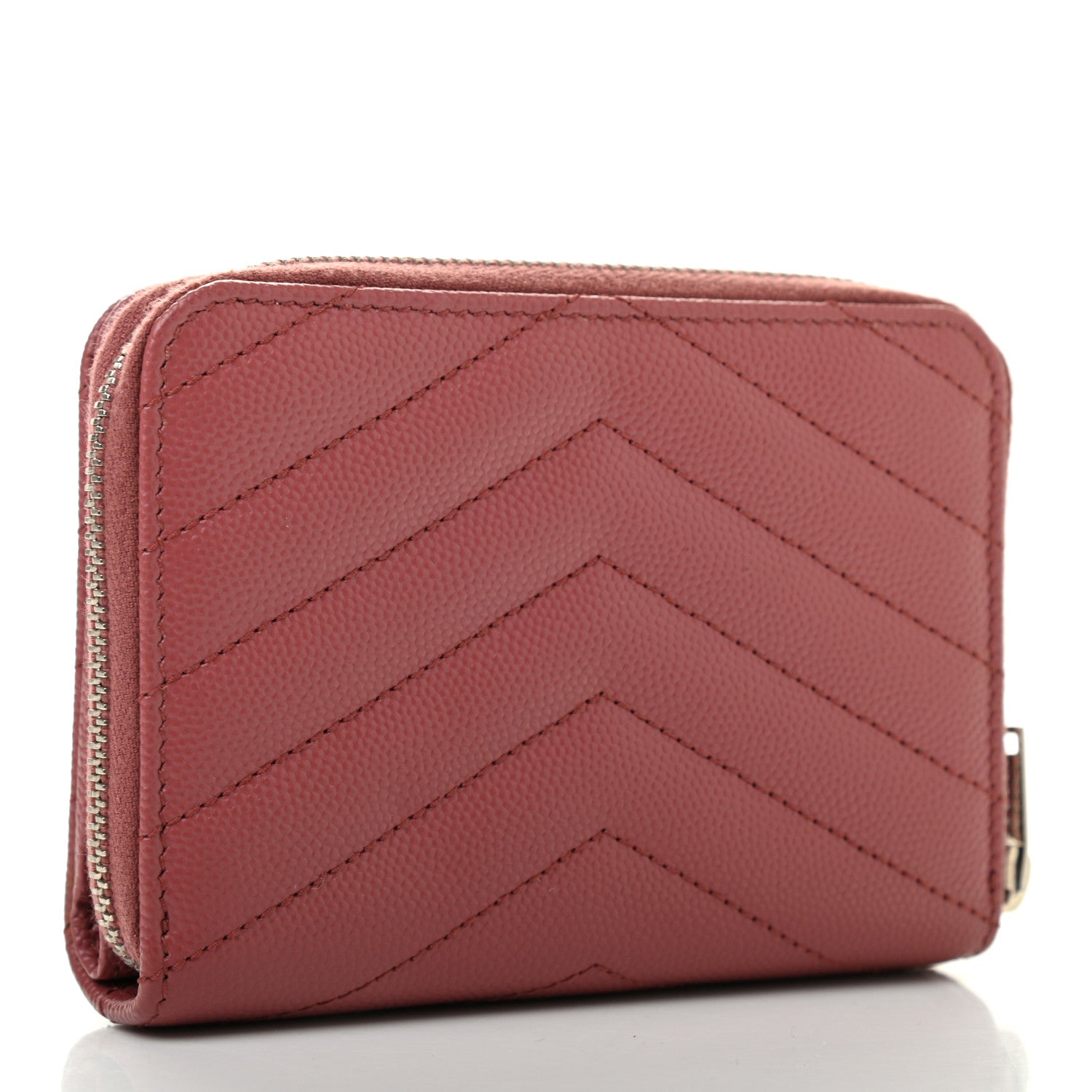 Saint Laurent Grain De Poudre Matelasse Chevron Monogram Compact Zip Around Wallet Dark Rose 3 of 11