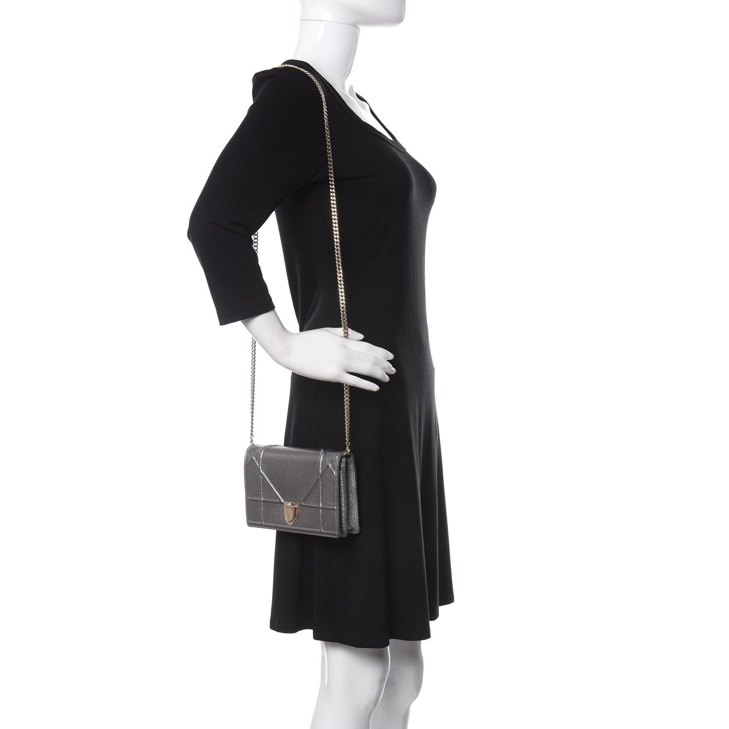 Christian Dior Metallic Grained Calfskin Diorama Wallet on Chain Pouch Silver 2 of 10