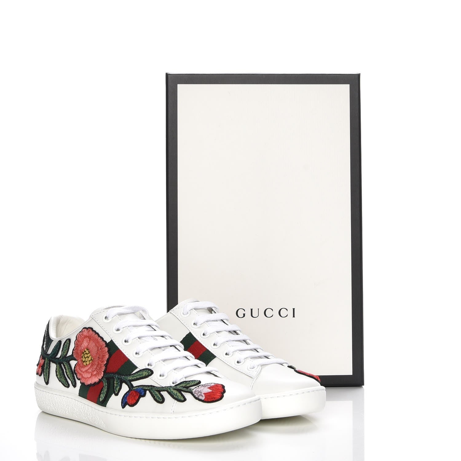 Gucci Calfskin Web Floral Embroidered Ace Sneakers 35.5 White 9 of 9