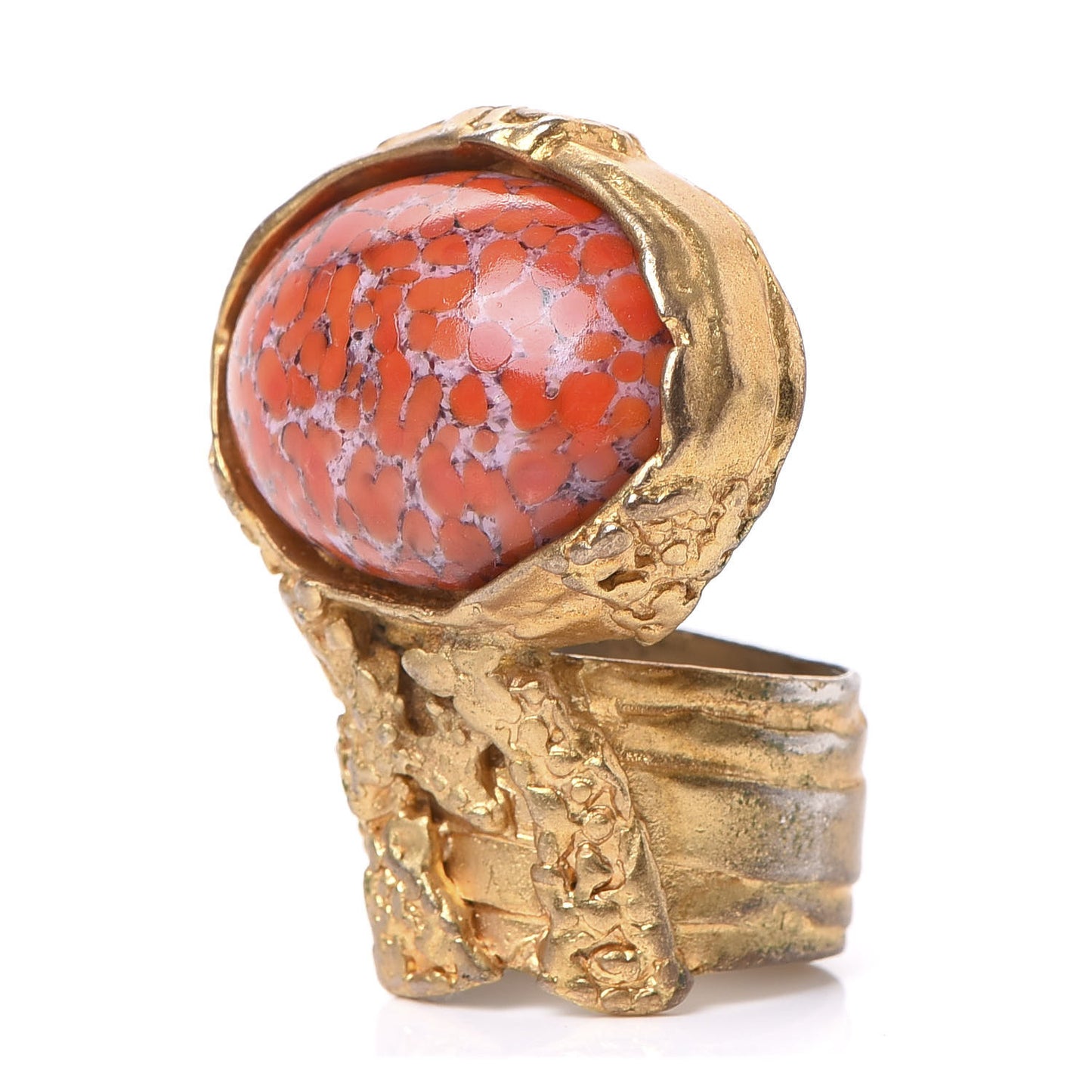 Glass Cabochon Arty Ovale Ring 7 Gold Coral