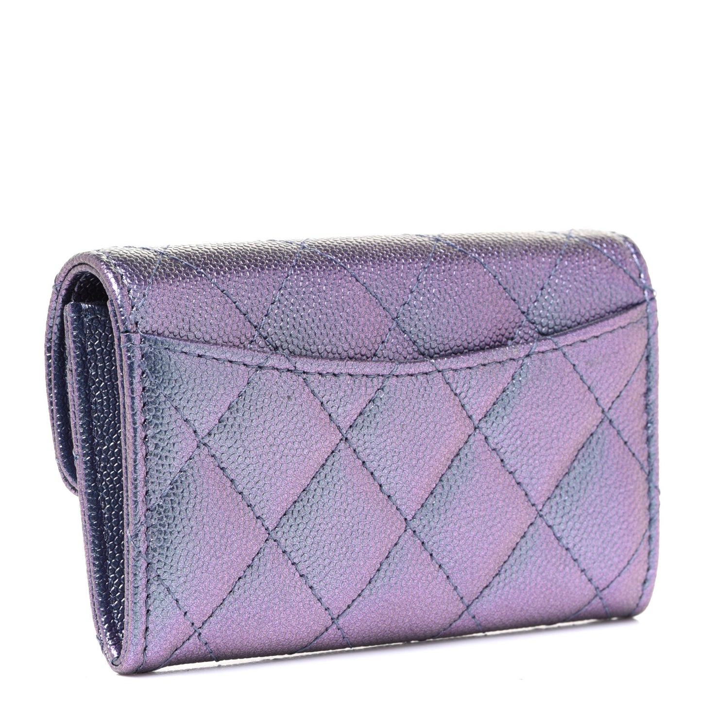 Iridescent Caviar Quilted Flap Card Holder Wallet Dark Blue