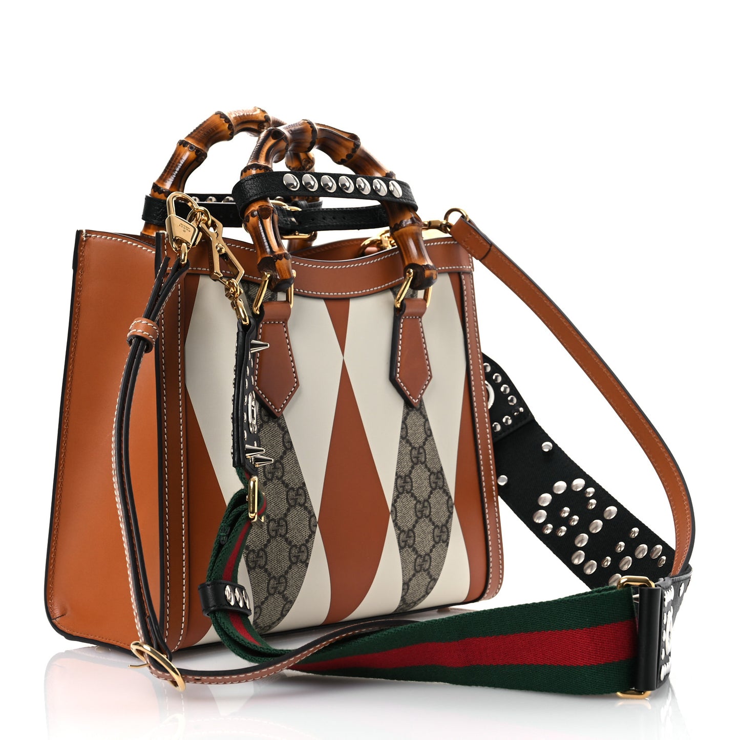 GG Supreme Monogram Boarded Dyana Calfskin Rhombus Print Studded Small Diana Tote Bag Beige Ebony Mystic White Hazel Brown Black