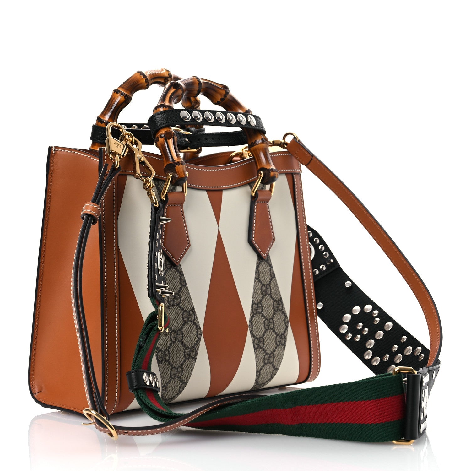 Gucci GG Supreme Monogram Boarded Dyana Calfskin Rhombus Print Studded Small Diana Tote Bag Beige Ebony Mystic White Hazel Brown Black 2 of 14
