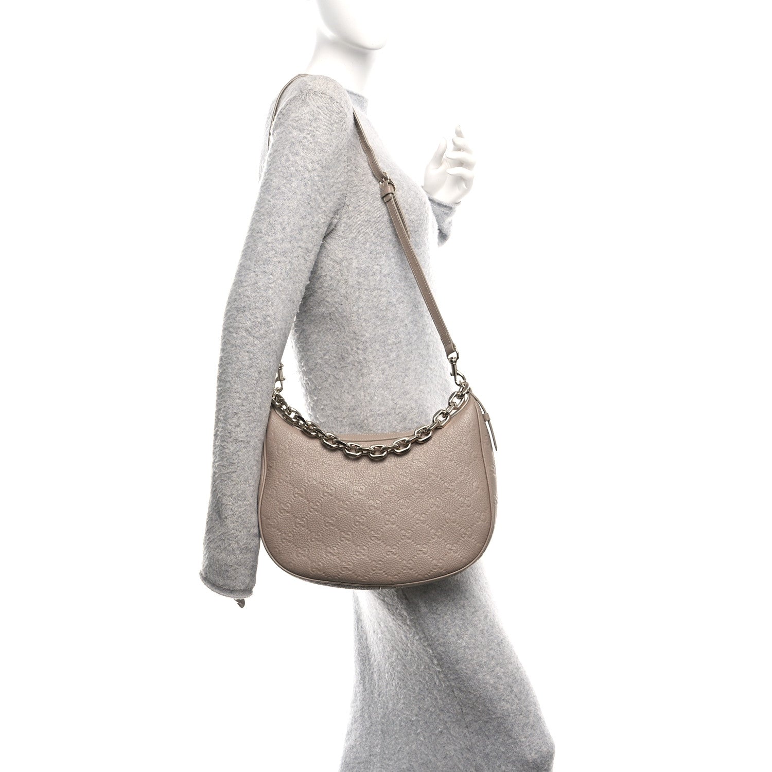 Gucci GG Grainy Calfskin Emblem Large Half Moon Shoulder Bag Taupe 2 of 10