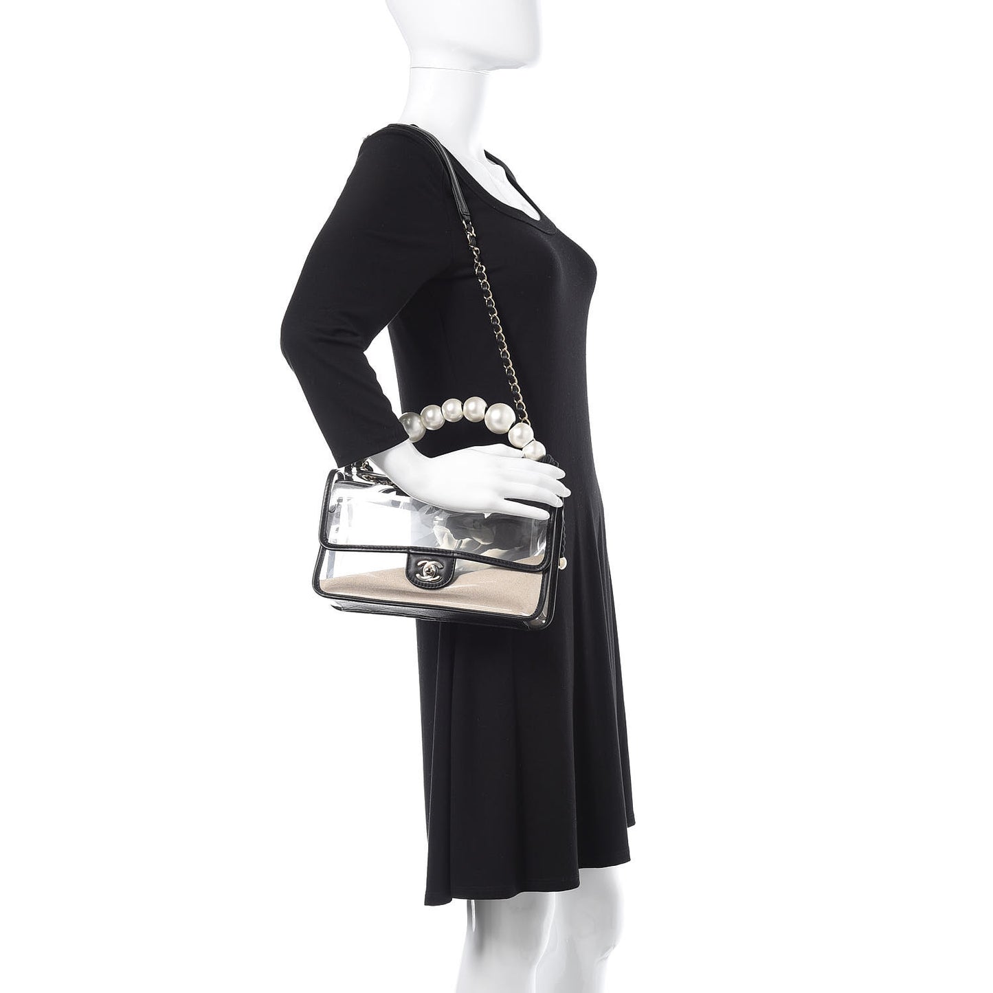 Lambskin PVC Sand By The Sea Flap With Pearl Strap Black