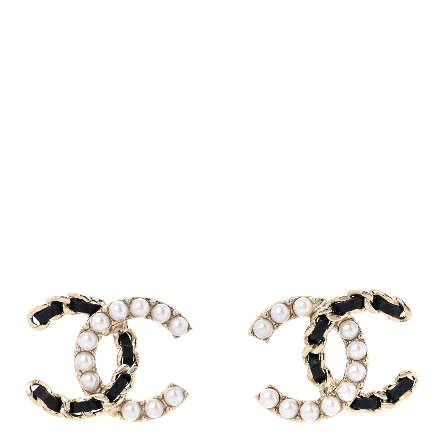 Chanel Pearl Lambskin Chain CC Stud Earrings Gold Black 1 of 5