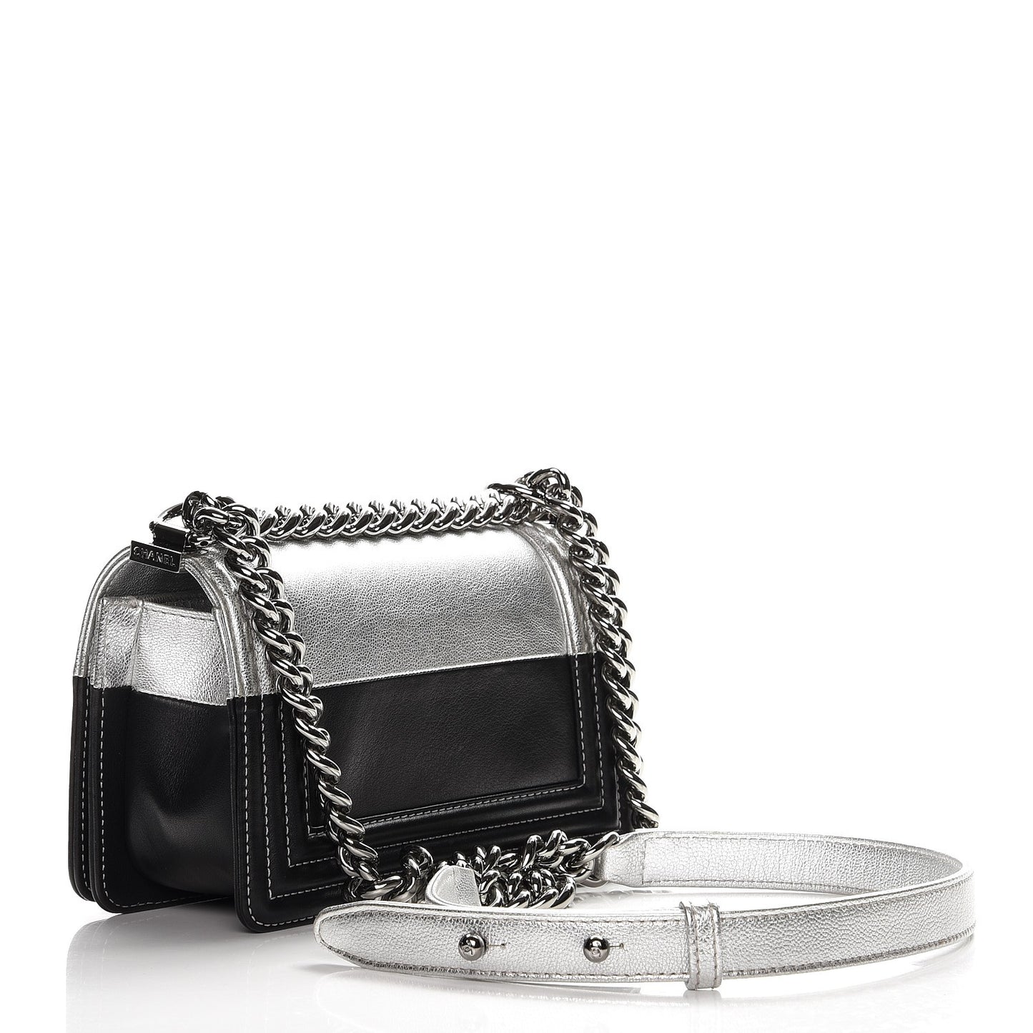 Metallic Goatskin Calfskin Small Bi-Color Boy Flap Silver Black