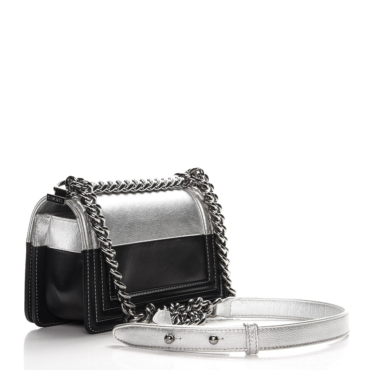 Chanel Metallic Goatskin Calfskin Small Bi-Color Boy Flap Silver Black 3 of 8