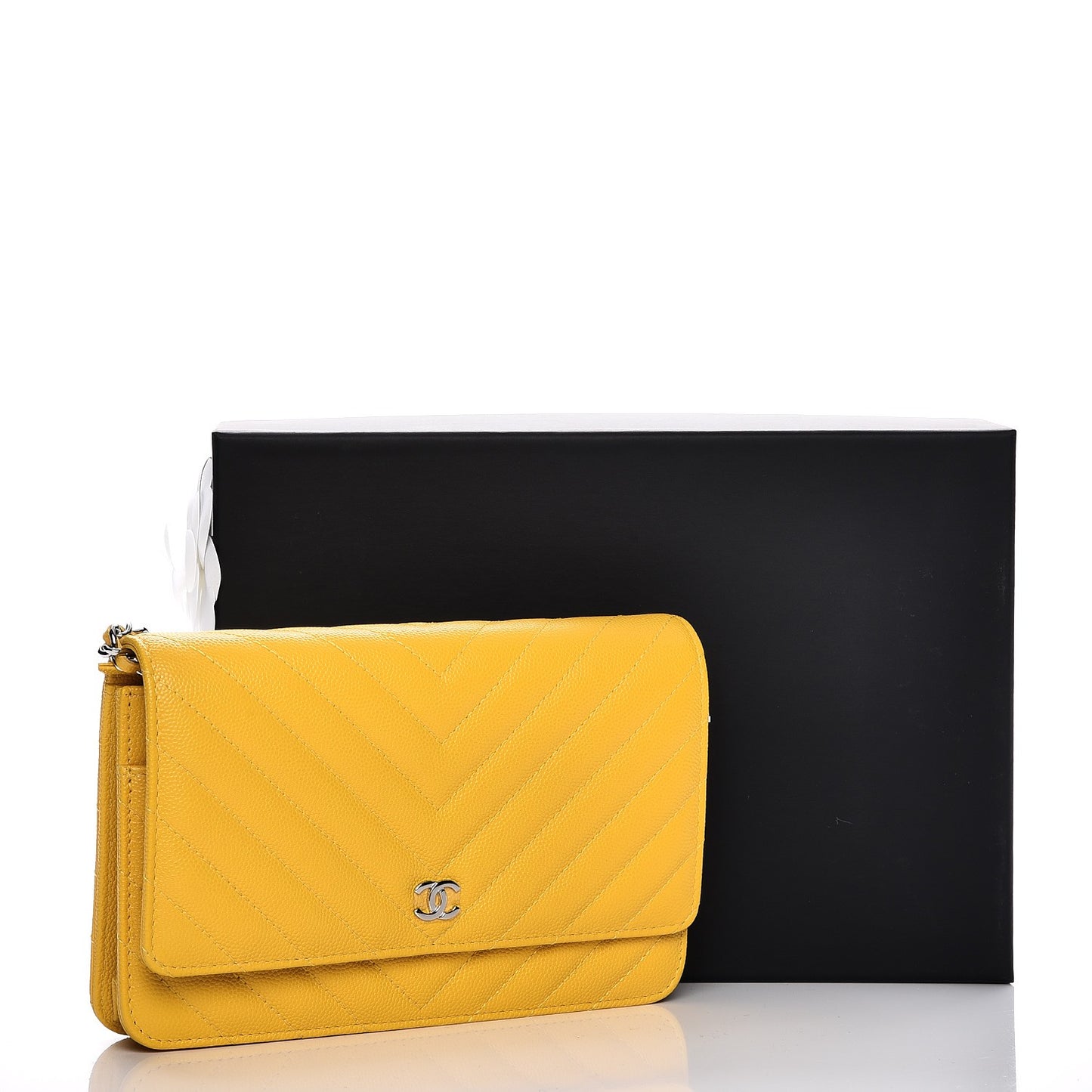 Caviar Chevron Quilted Wallet On Chain WOC Yellow