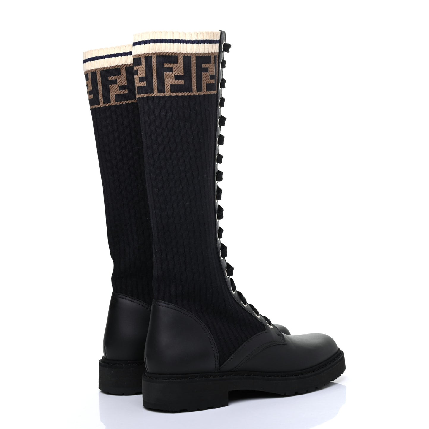 Calfskin Stretch Fabric FF Rockoko Tall Biker Boots 35 Tobacco Black Marino
