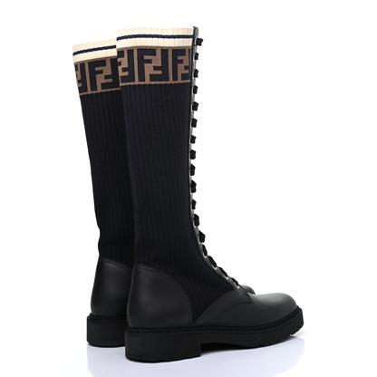 Fendi Calfskin Stretch Fabric FF Rockoko Tall Biker Boots 35 Tobacco Black Marino 4 of 10