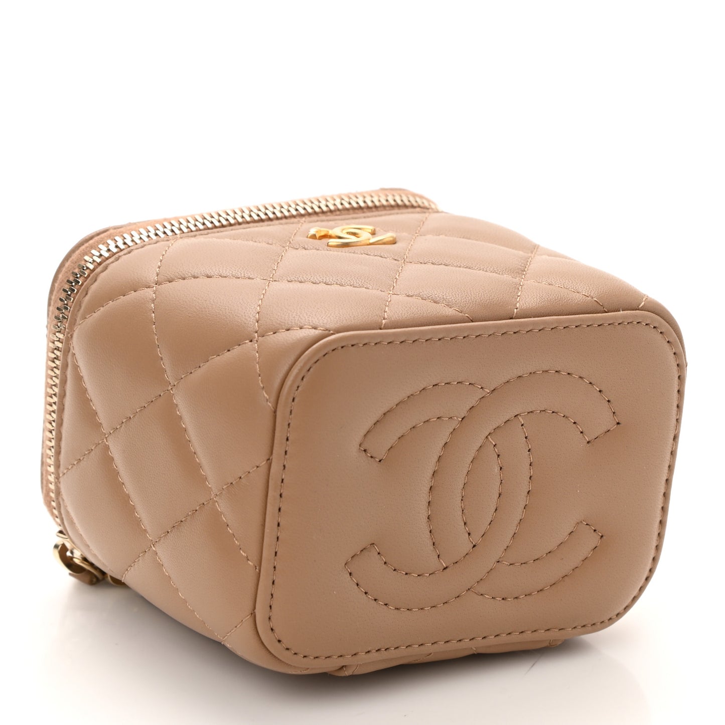 Lambskin Quilted Pearl Crush Mini Vanity Case With Chain Beige